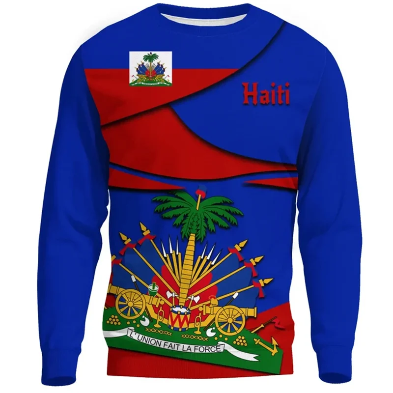 Vintage 3D Haiti Tribal Flag Printing Sweatshirts Haiti Coat Of Arms Graphic Round Neck Hoodie Fashion Streetwear Mens Clothing