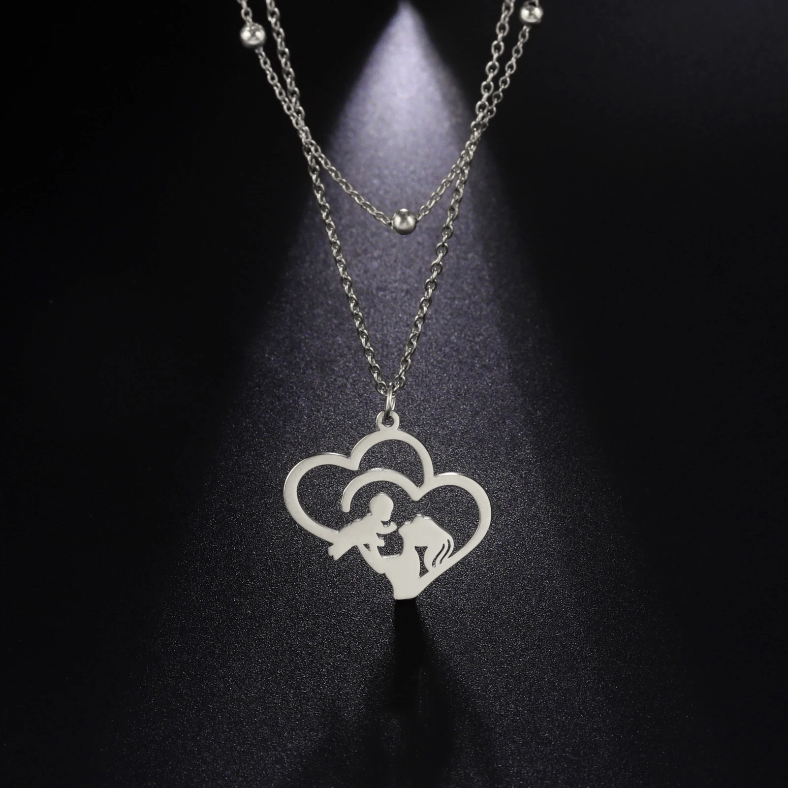 Skyrim Mom Heart Pendant Necklace Stainless Steel Women's Charm Double layer Bead Chain Love Necklace Mother's Day Jewelry Gift