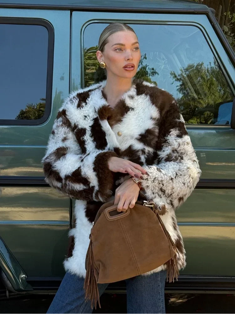 سترات قصيرة من الفرو الصناعي بطبعة الفهد معطف نسائي فاخر بأكمام كاملة وصدر واحد أنيق للسيدات ملابس خارجية شتوية دافئة