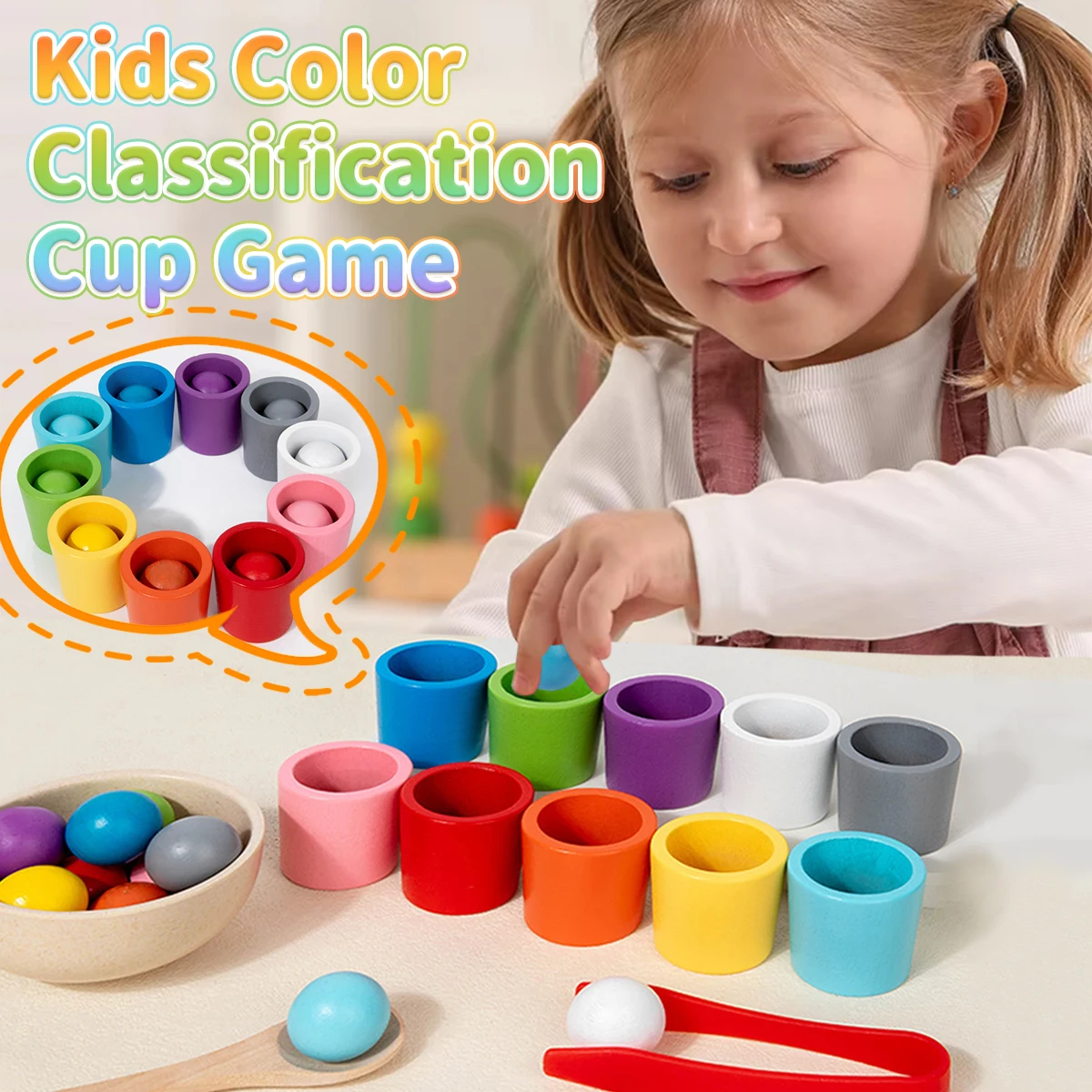 Balles en tasses Montessori, jeu de tri de couleurs en bois, jouets éducatifs d'apprentissage préscolaire pour tout-petits, tri, comptage assorti