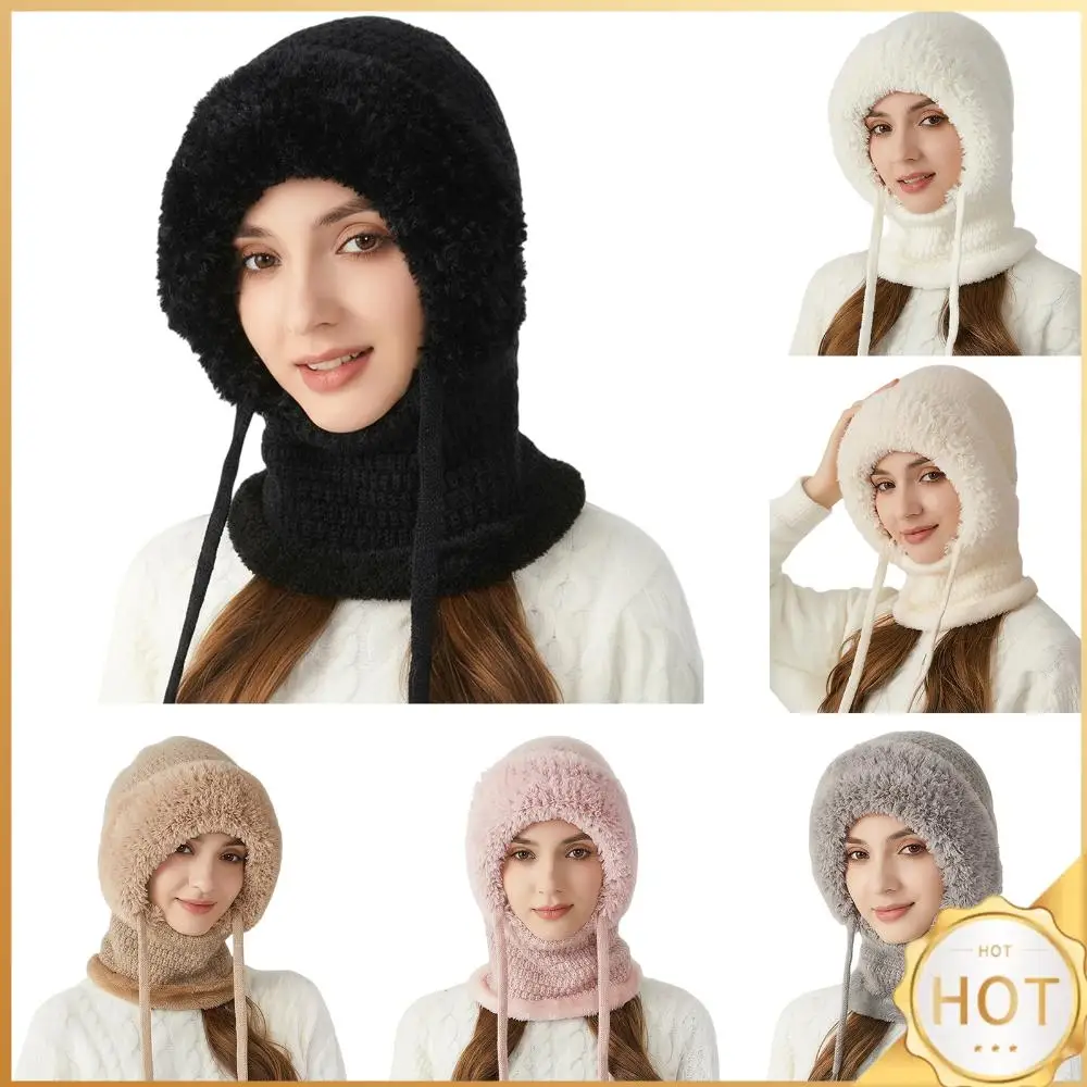 

Вязаная шапка-бини 3 в 1, шарф и маска, плюшевые наушники, шапка с черепом, вязаная шапка-балаклава на шнурке, ветрозащитная для женщин