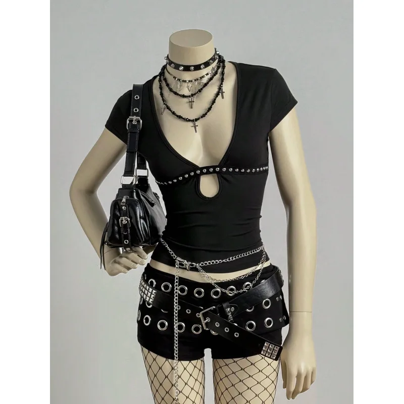 Y2K Millennium Style Sweet and Cool Spicy Girl Short Sleeved Rivet Hollow Deep V Slim Fit Gothic Style Top