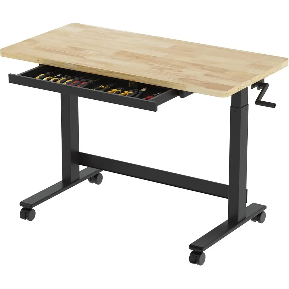 

47.2" x 23.6" Adjustable Height Workbench with Hand Crank, Ders & 360° Wheels – Rubber Wood Top Heavy-Duty Workstation & Steel e