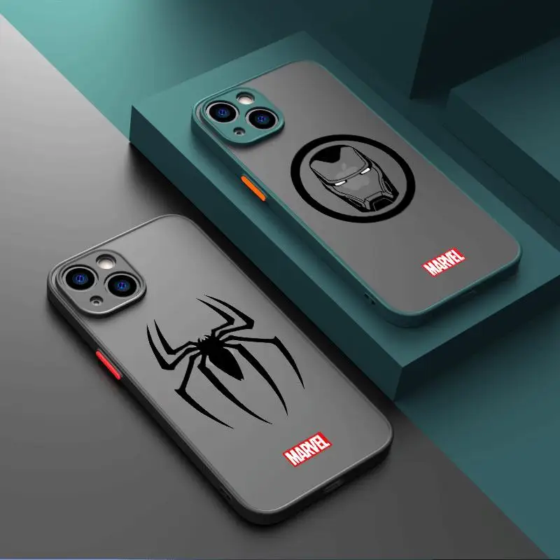 Matte Case For Apple iPhone 14 15 Pro Max 13 Mini 12 11 14 Plus SE 7 8 15 Plus XR XS MAX  Back Cover Marvel Spider Man Iron LOGO