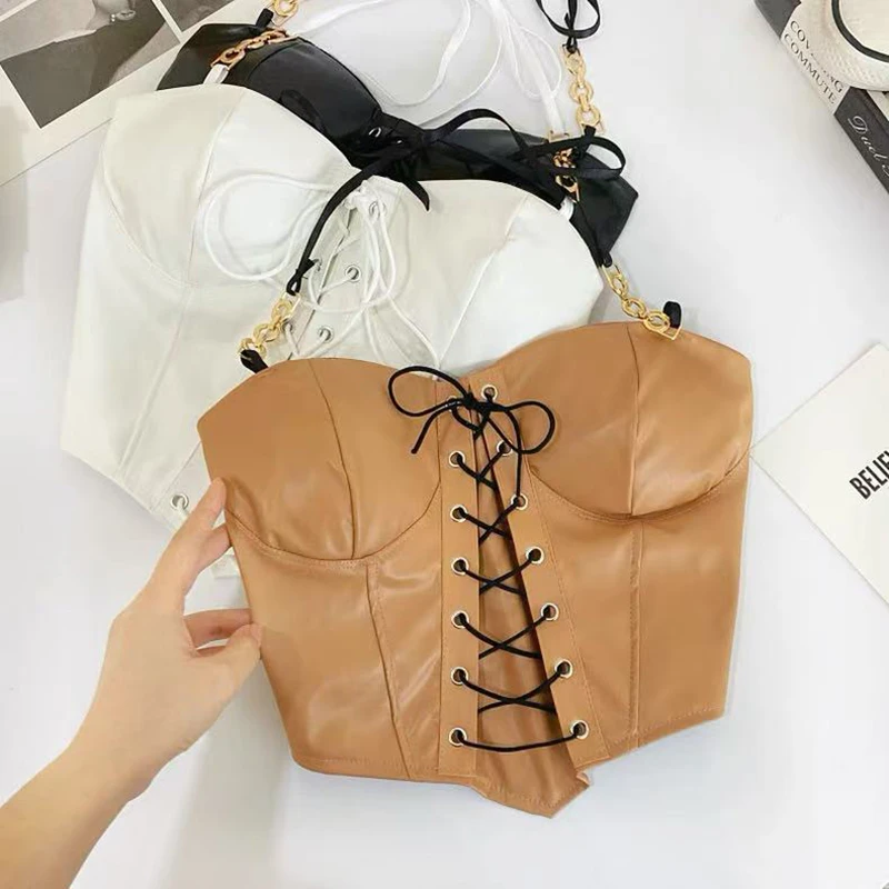 Sexy Slit Pu Leather Halter Onck Camis For Women Y2k Summer Fashion Streetwear Lace Up Korean Chic One Shoulder Tube Top