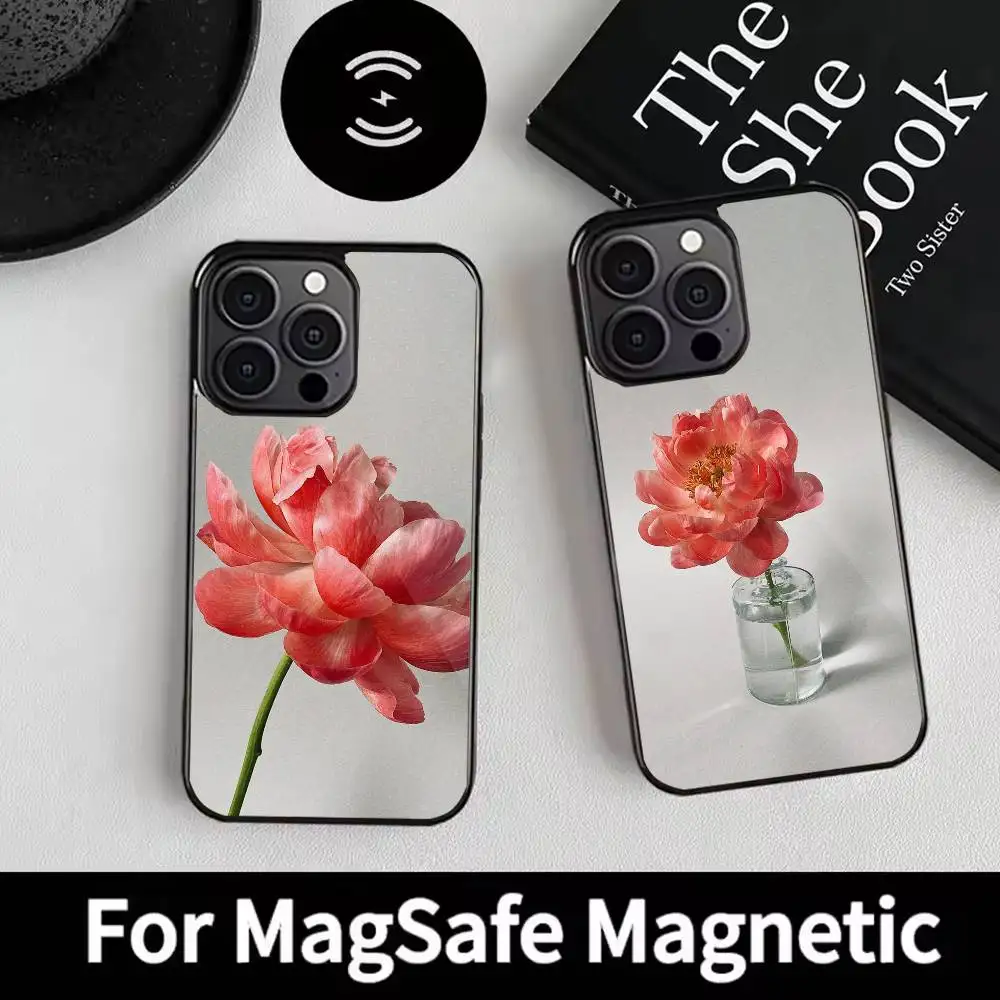 

Flamingo Peony Phone Case For iPhone 17 16 15 14 13 12 Pro Max Plus for Magsafe Mirror Wireless Magnetic Cover
