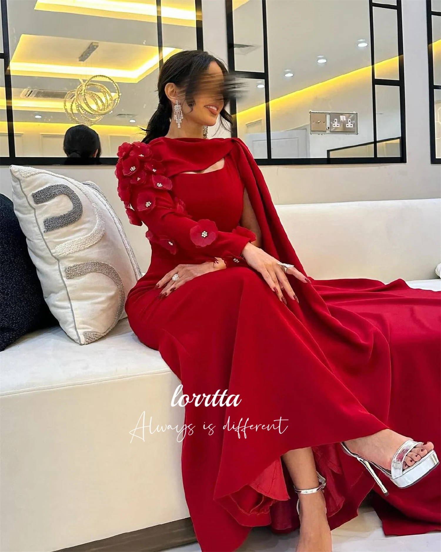 Deep Red Flower Decoration Long Sleeves Evening Dress Robe De Soiree Femmes Cocktail Dresses Customized Special Occasions Party