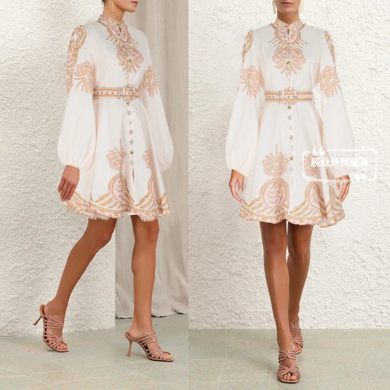 

Women Short Dress With Semi High Neck Lantern Sleeves Clear Print Rhinestone Art Buttons Flared Skirt