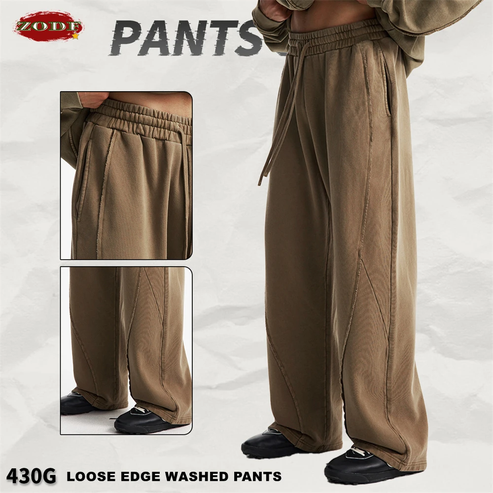 ZODF Retro Autumn Washed Loose Edge 430gsm Cotton Pants For Man Unisex Distressed Old Money Straight Patchwork Trousers HY1105