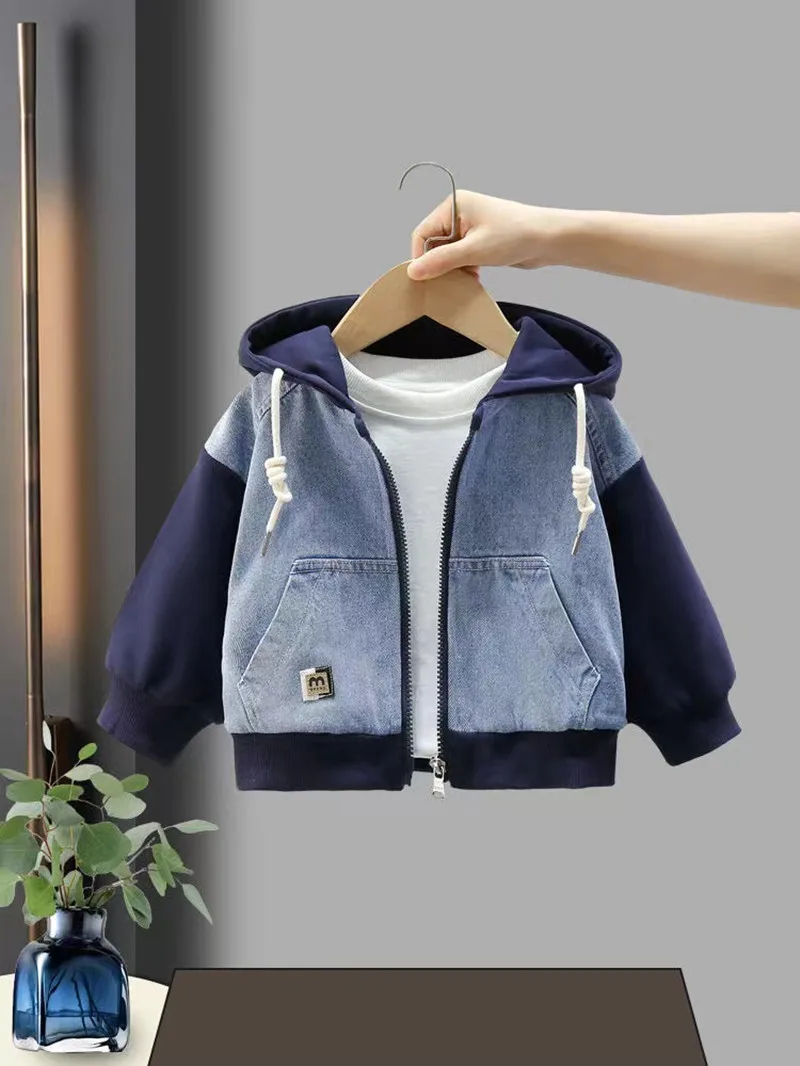 2-8Y ragazzi giacca foderata nuovi bambini Denim Patchwork cerniera felpa con cappuccio bambino bambino primavera e autunno giacca Casual cappotti