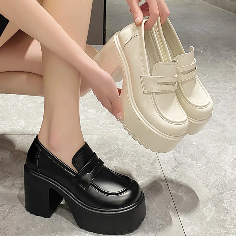 Lucyever Black White Chunky Platform Loafers Women 2023 Autumn Thick High Heel Pumps Woman Slip On Pu Leather Goth Shoes Female