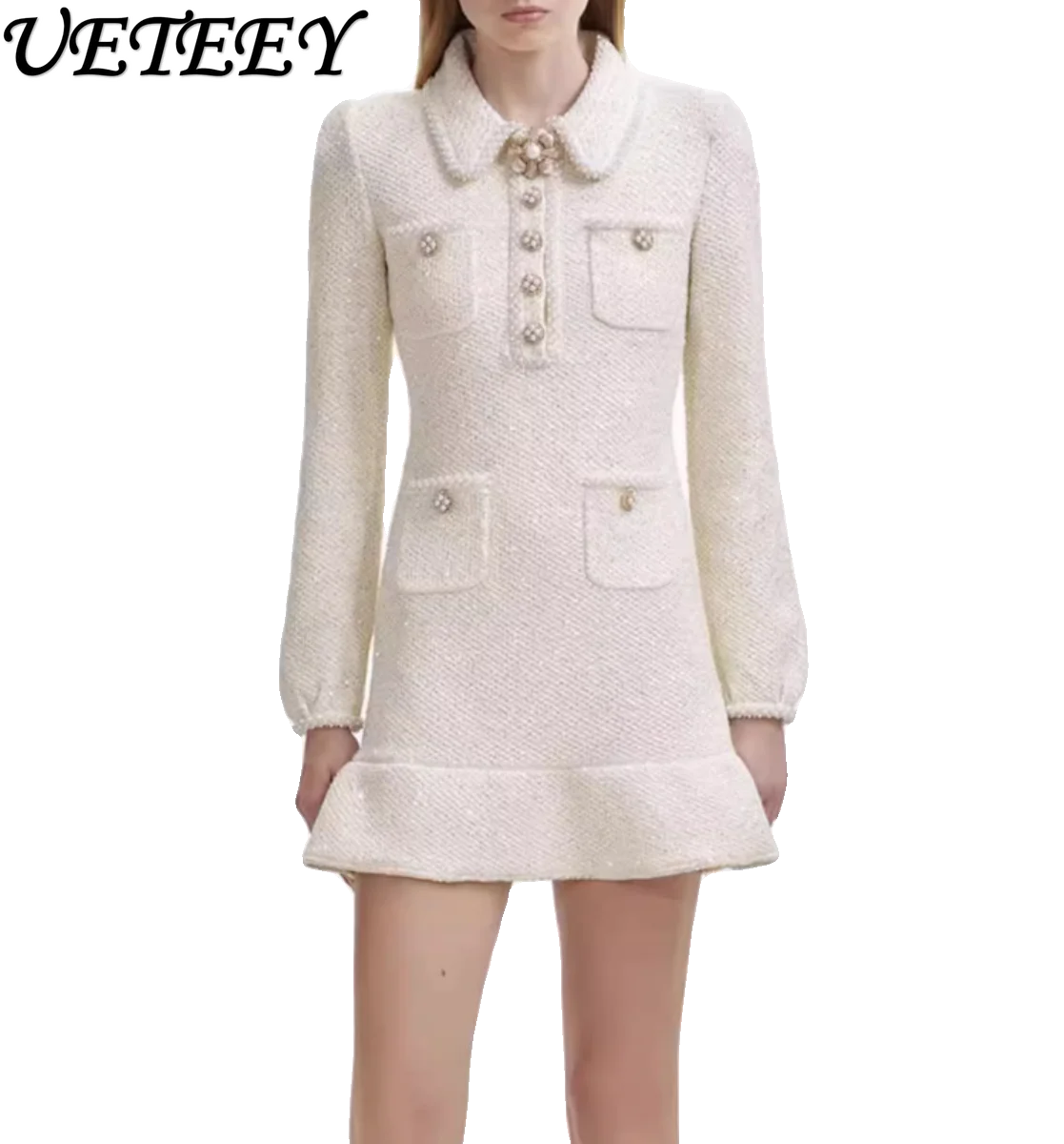 2024 Autumn Winter Celebrity French Gentle Sweet Slim Woolen Dress Women Niche Design Fashion Sequined Lapel Long Sleeve Dress image 6