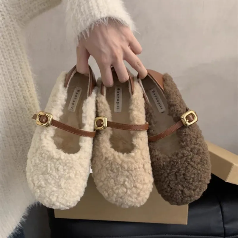 

New Style Fashion Women Ballet Laofer Flat Shoes Fashion Shallow Slip On Ladies Fur Mary Jane Shoes Soft Outdoor Granny Shoes