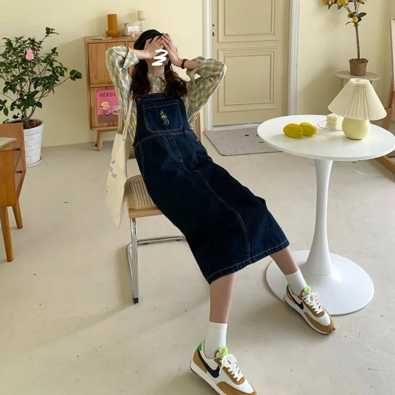 S-5XL Women's Denim Dress Cartoon Embroidered Long Strap Jean Dresses Spring Fall Loose Casual Long Suspender Dress