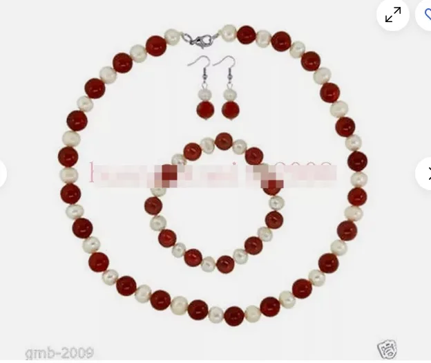 

8-9mm Natural White Freshwater Pearl Red Jade Necklace Bracelet Earrings Set