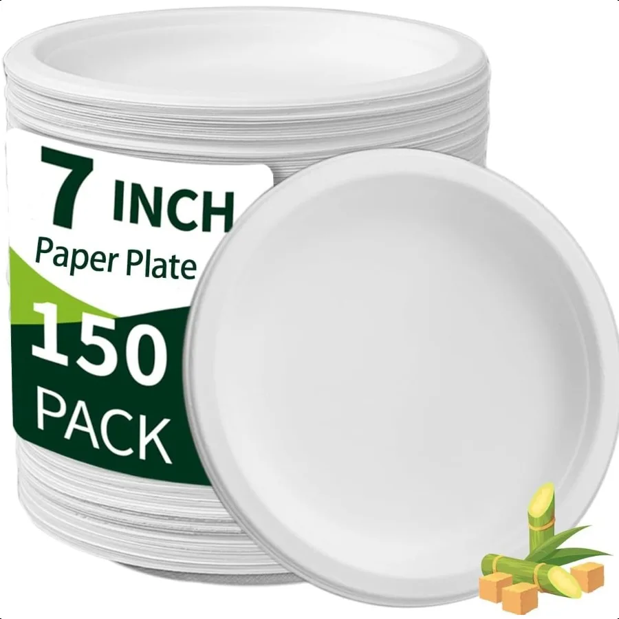 

7 Inch Paper Plates150 Count MicrowaveSafe SoakProof Cut Resistant Round White Dinner Plates for Everyday Breakfast Lunch Dinn
