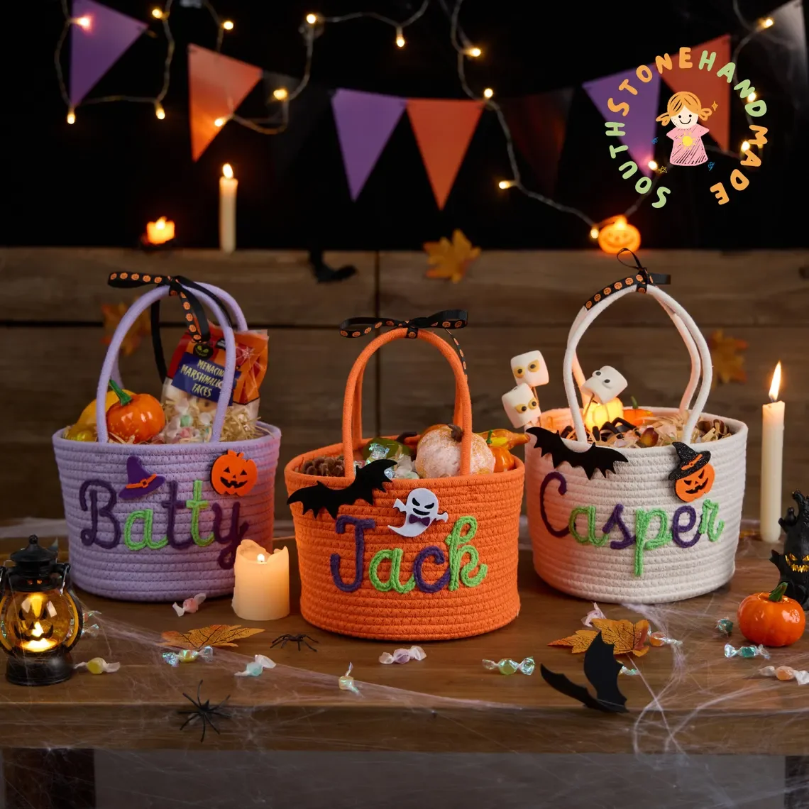 名前入りカスタムハロウィンお菓子バッグ-–-トリック・オア・トリートバスケット、パーソナライズされたキャンディトート、男の子と女の子のためのハロウィンバスケット