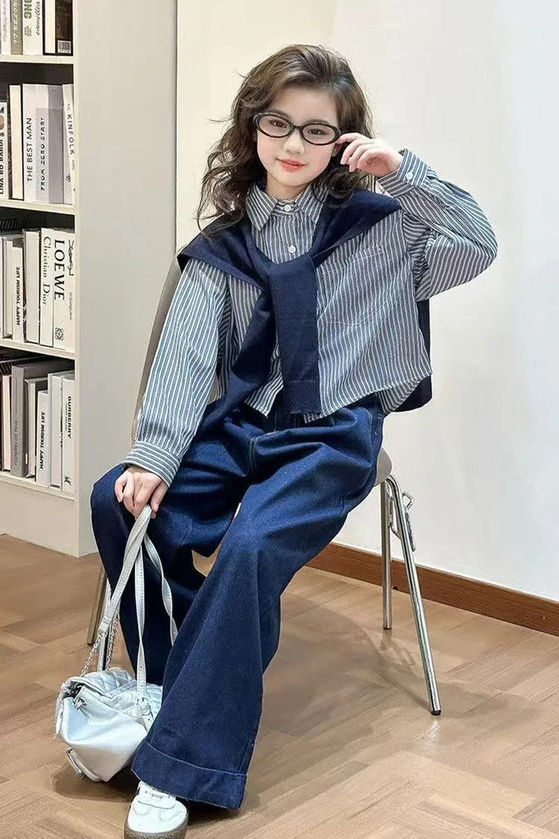 

Kids Girl's Suit Autumn 2025 New Big Children's Foreign Shawl Shirt Children's Wide-legged Jeans Tide Two-piece Set 120-170cm