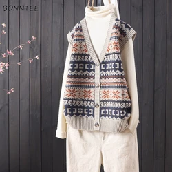 Sweter kamizelki damskie Indie Folk Retro Design luźne na wszystkie mecze Casual jesień koreański styl kobiece dzianiny codzienny dekolt w serek stylowe Ins