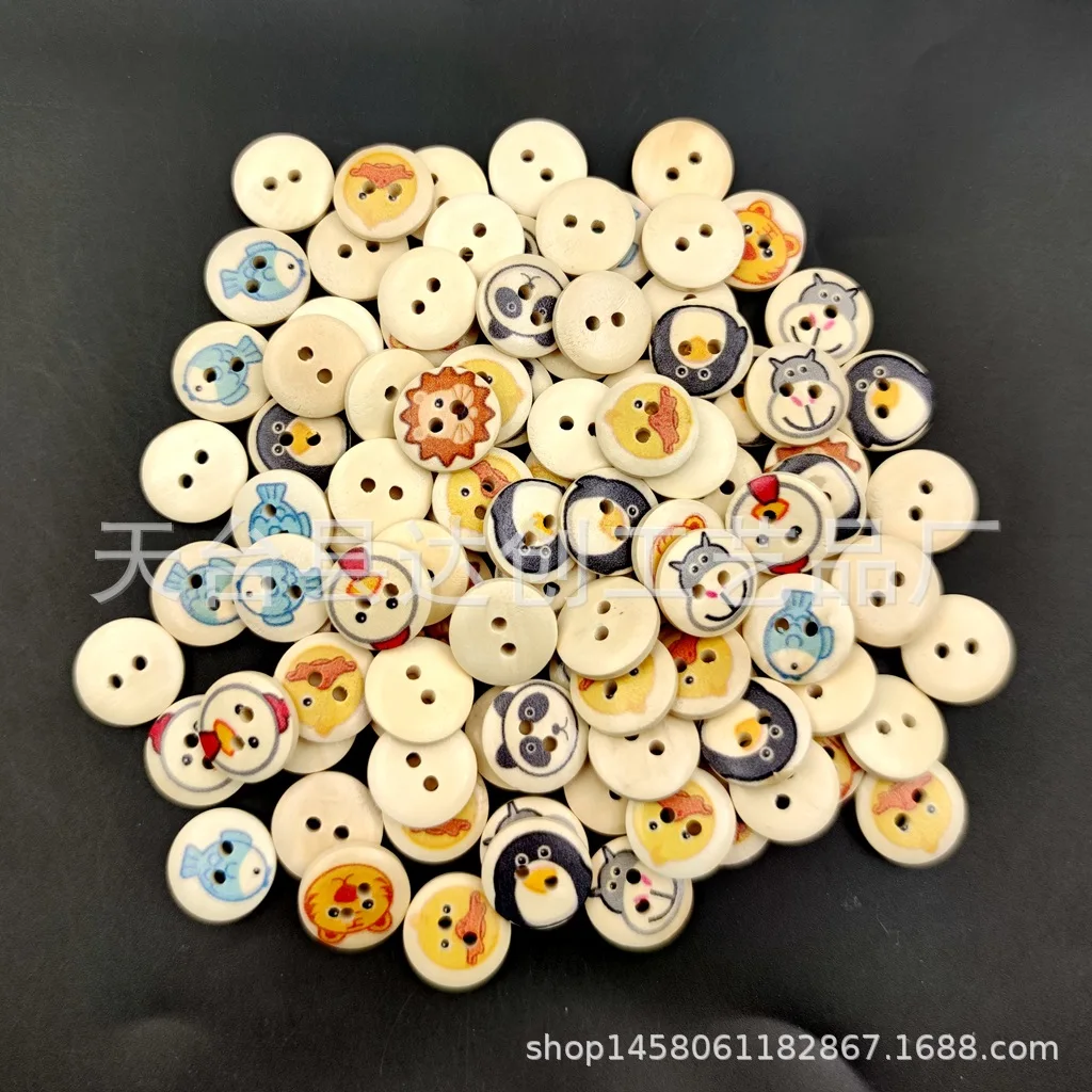 15mm kolorowe drukowane guziki z mieszanych drewna z motywem zwierzęcym DIY materiały do rękodzieła dla dzieci do kolażu 100 sztuk/worek