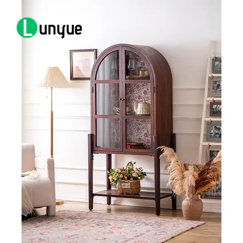 Brown Solid Wood Arch Design Buffet Cabinet Sideboard for Dining Room Kitchen Living Room Hotel Entrance Storage Furniture