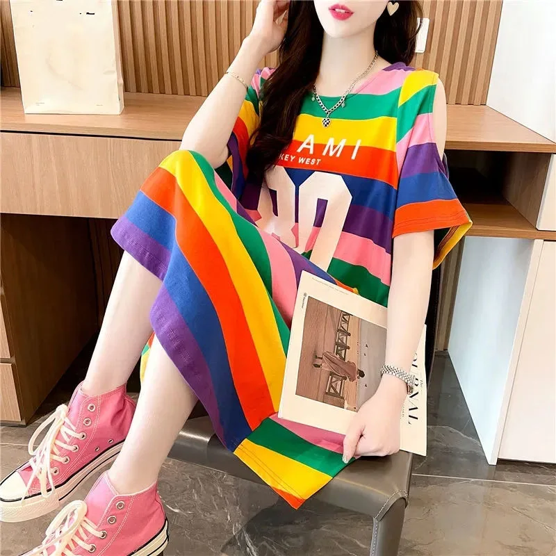 Estate Femme girocollo strisce colorate abiti lunghi donna stili medio lunghi T-shirt maxi abito da donna manica corta abiti
