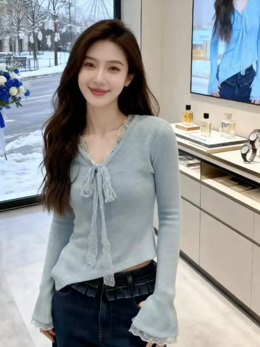 

Ele Lace Splice Knot Long Sve Knitted Top for Women Autumn Winter New Sle Age Reduction Base Layer Trendy Women's Fa...