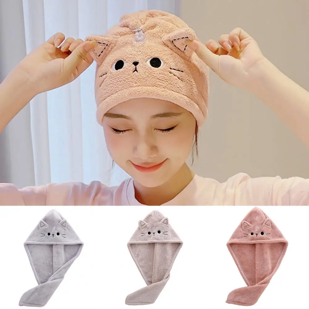 

Dry Hair Hat Convenient Fixation Button Design Hair Drying Hat Cute Kitty Shower Hat Dry Hair Towel Wrap Bathroom Gadget