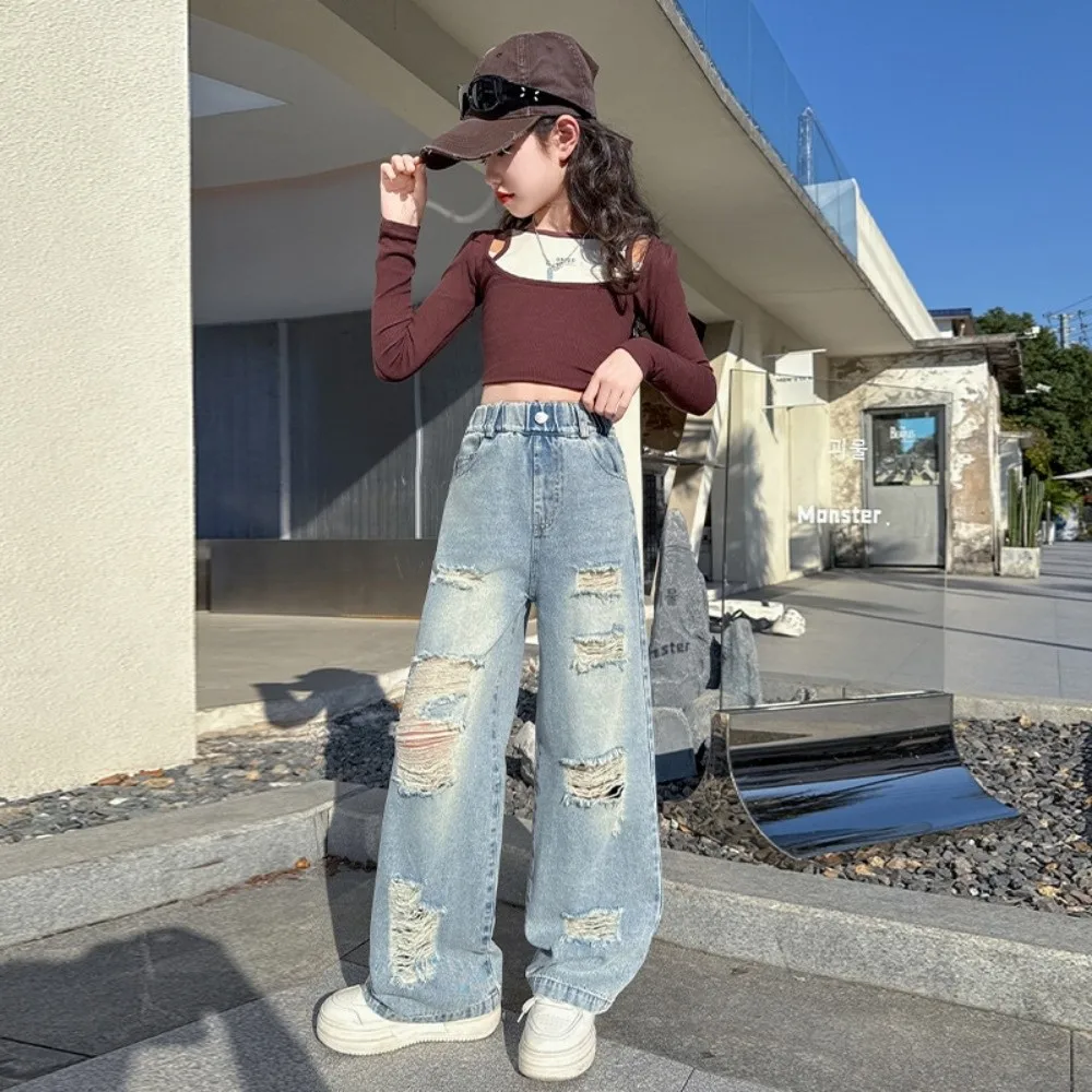 

Ripped Wide Children Jeans Loose Leg High Waist Blue Teen Girl Jeans Korean Style Streetwear Girls Denim Trousers Kids Children