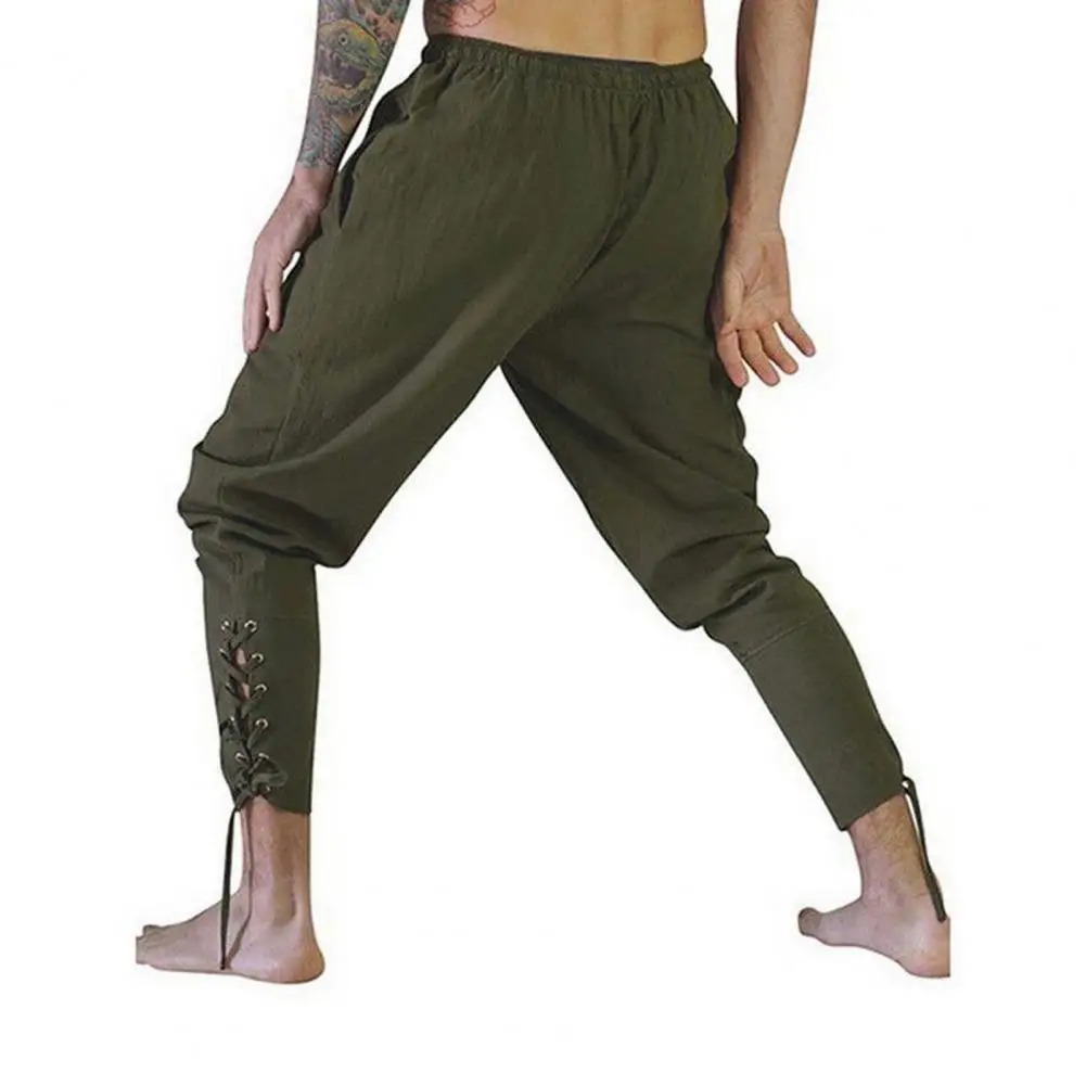 Performance Costume Medieval Pirate Men's Ankle-banded Pants with Lace-up Strap Elastic Waist Loose Pleated Cropped for Cosplay