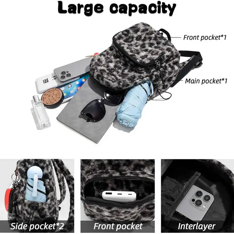 حقيبة ظهر قطيفة إكسسوارات لطيفة بطبعة الفهد حقائب كتب كاجوال مع قلادة صغيرة للسفر حقيبة كتف أنيقة متعددة #3