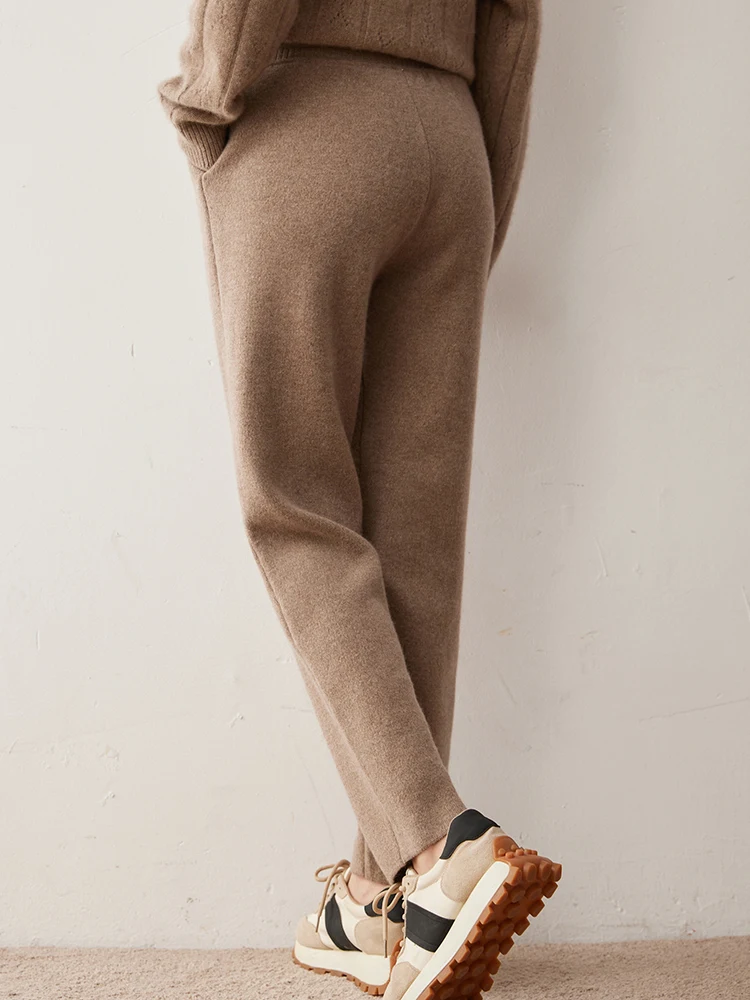 Potloodbroek Warm Zacht 100% Kasjmier Gebreid Slim Fit 2025 Nieuwkomers Zak Trekkoord Elastische Tailleriem Dames Dik Lang