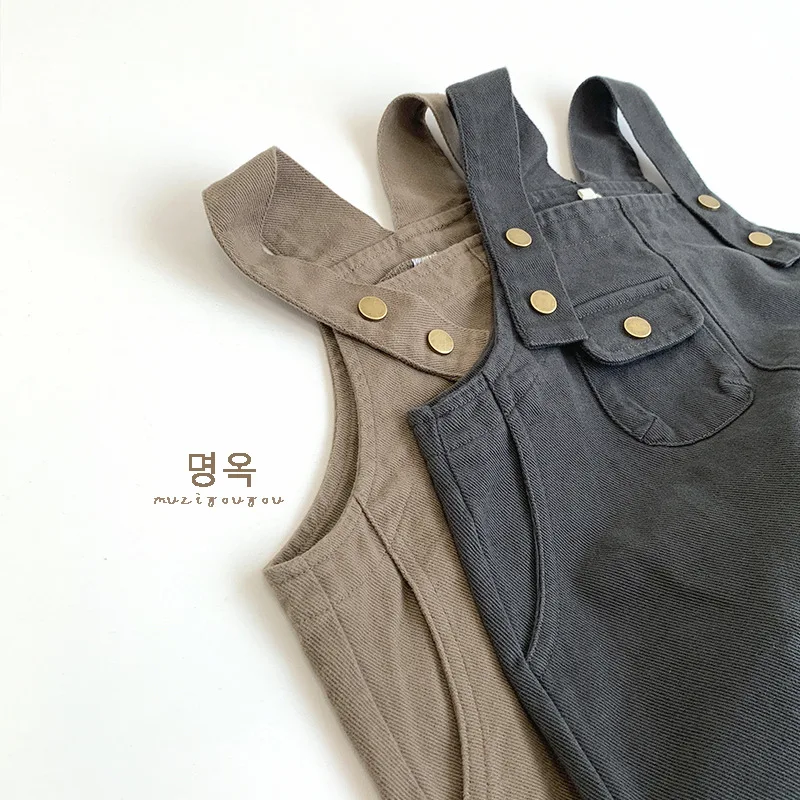 2025 New Children Loose Overalls Cotton Boys Girls Solid Strap Trousers Baby Sleeveless Jumpsuit Kids Pocket Casual Pants