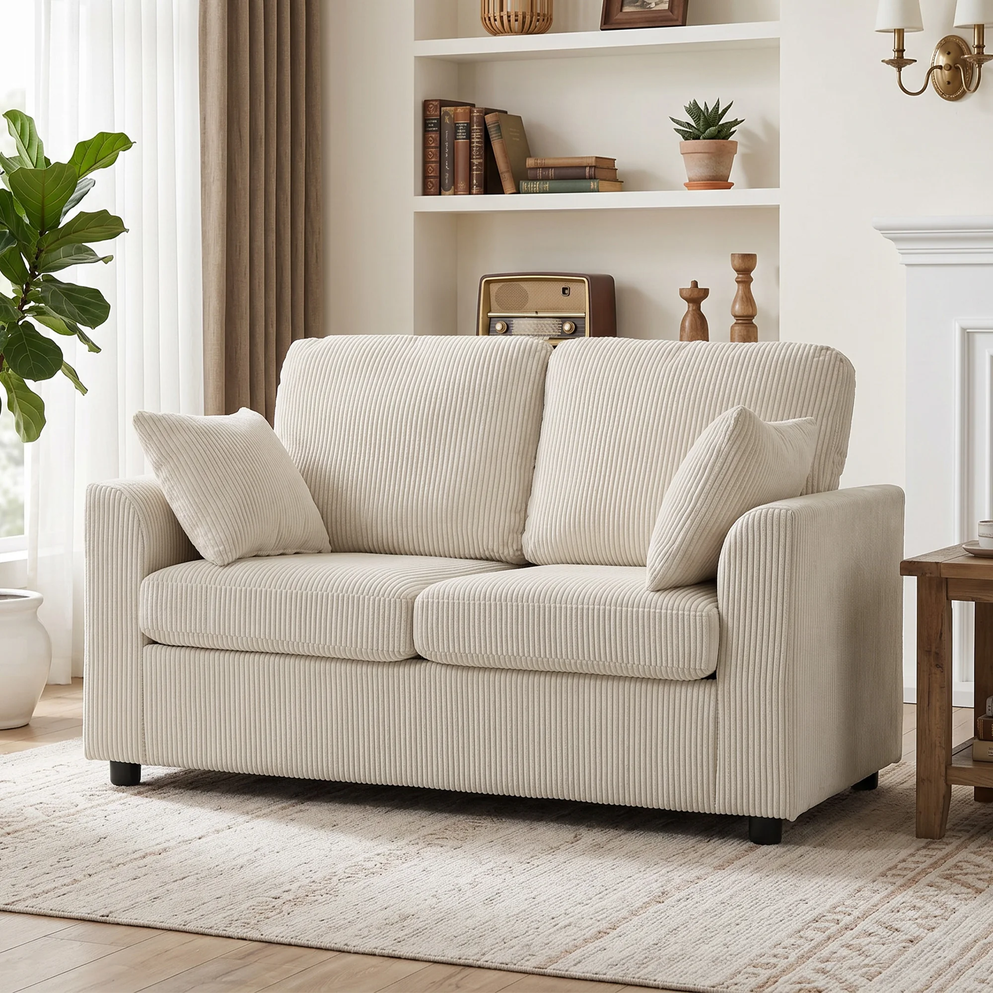 Divano moderno a due posti in velluto a coste, con seduta ampia e imbottita, e cuscini decorativi inclusi, divano in tessuto beige con finiture testurizzate, ideale per soggiorno, appartamento o casa.