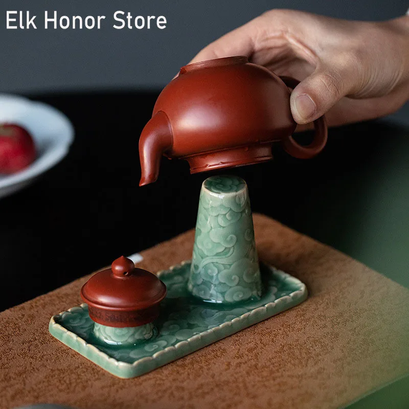 Boutique Engrave Crane Art Double Strut Ceramic Lid Holder Yue Kiln Celadon Bracket Household Kung Fu Tea Ornaments Accessories