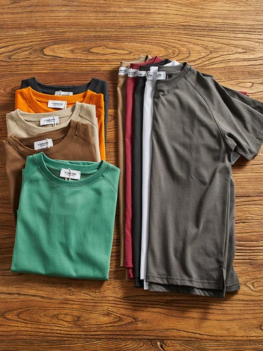 Imagen 2 del producto Camiseta de manga raglán para hombre, camisa de Color sólido con cuello redondo, estilo Retro americano pesado, moda Simple, 80% Algodón, Tops deportivos informales lavados, novedad de verano