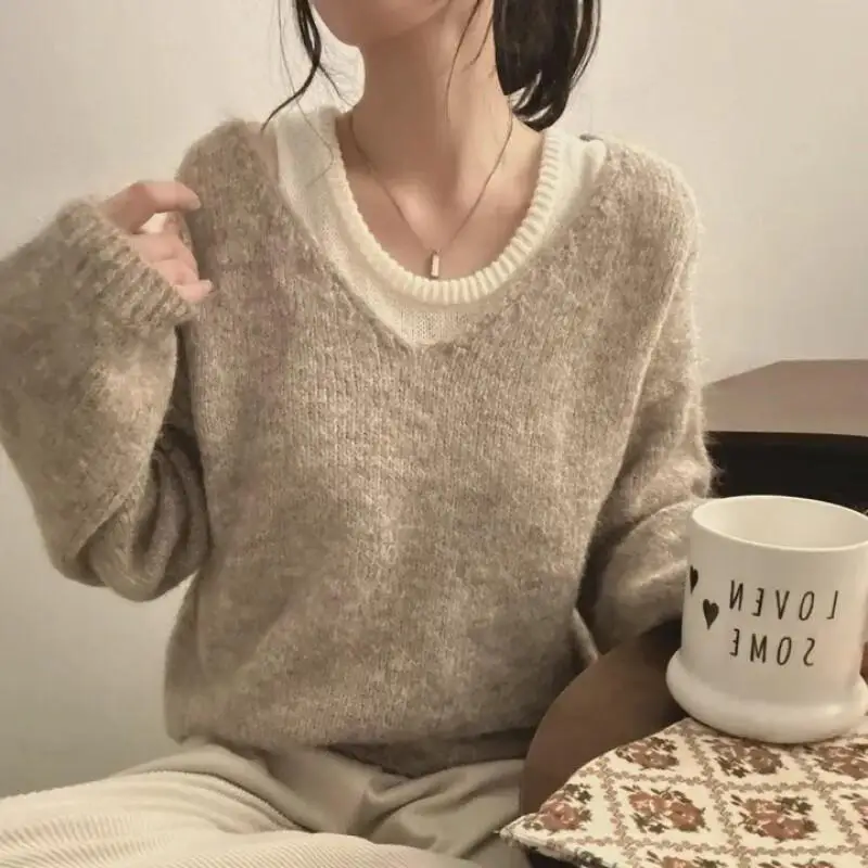 Pull confortable à épaules dénudées pour femme, deux pièces, ample, gris, tricoté, nouvelle collection automne hiver 2025