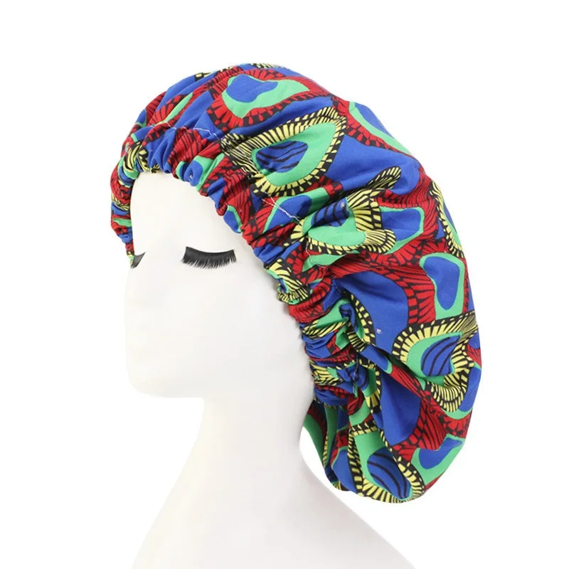 New African Pattern Print Adjustable Bonnet Women Day Night Sleep Cap Double Layer Satin Turban Extra Large Lady Head Wrap Hat