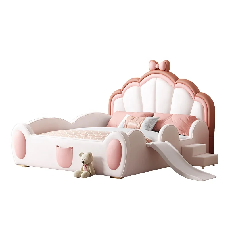 

Girl Princess Bed Simple Solid Wood Single Bed with Sliding Soft Bag Pink with Guardrail