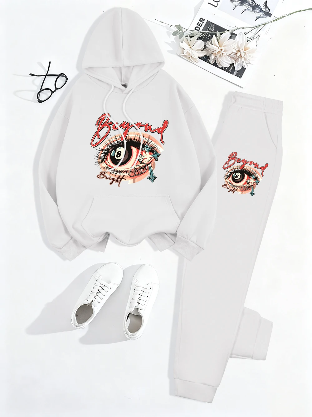 2 Piece Hoodies Set Womens Beyond Bright Eye Prints Sweatpantssporty Fleece Pocket Sweatshirt Pants Autumn Oversized Clothes