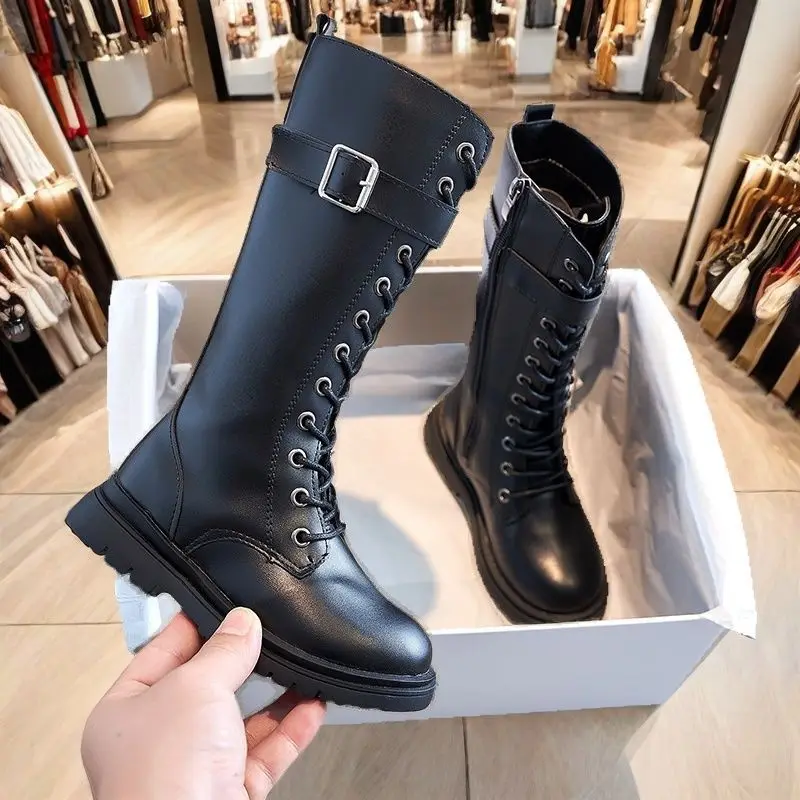 Knee-high Boots Girls Bukle Shoes Kids Autumn Winter Thin Plush Long Boot Fashion Styling Shoe Warm Footwear 27-35