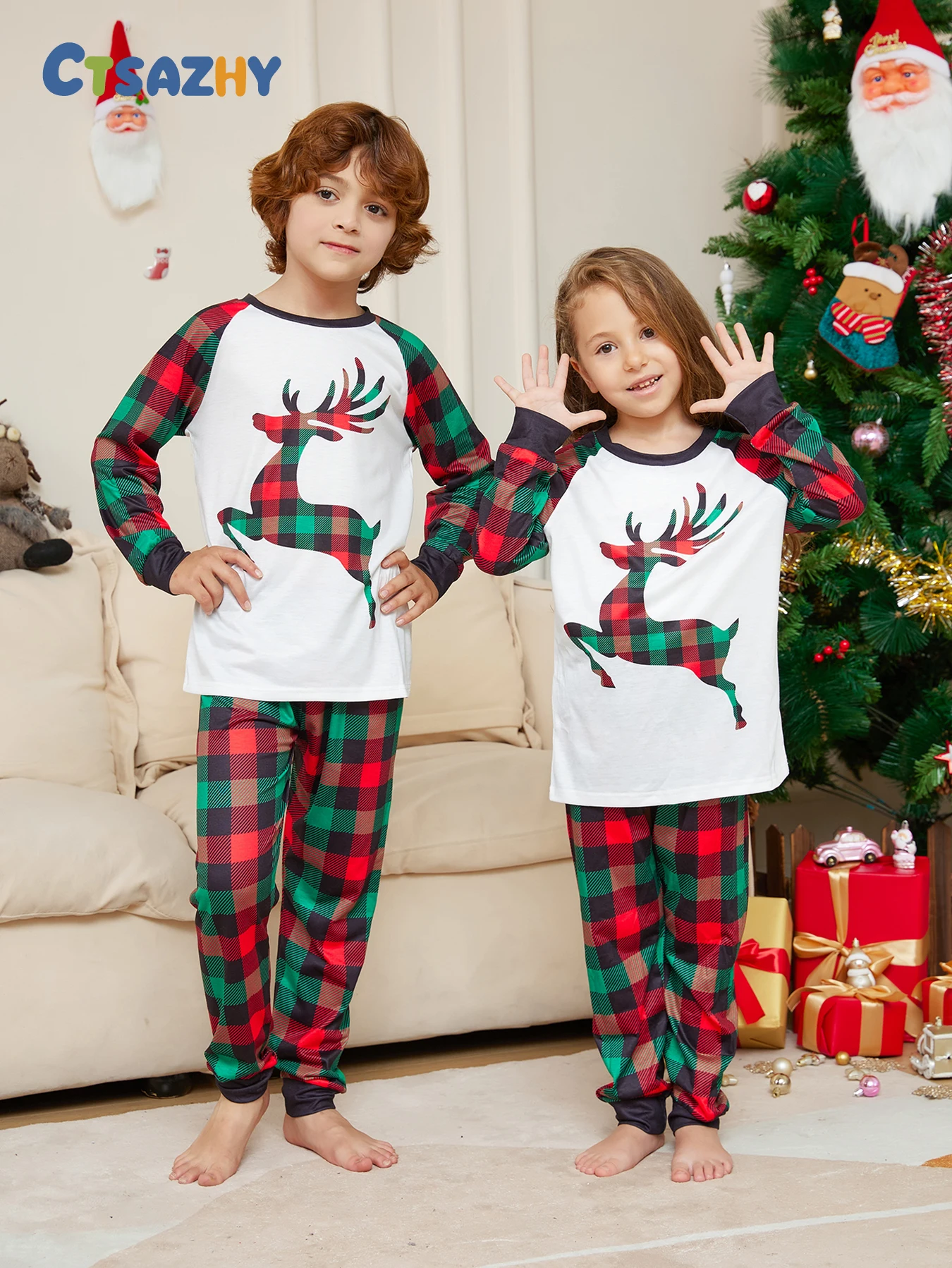 

Festive Children's Sleepwear - Raglan Sleeve Top with Plaid Reindeer + Plaid Bottoms for Xmas