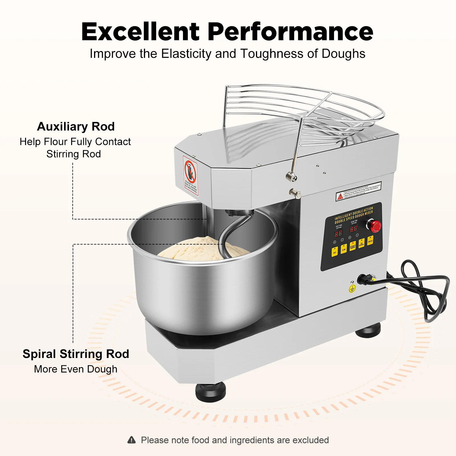 12Qt/10L เครื่องผสมอาหารเชิงพาณิชย์พร้อมฟังก์ชั่นจับเวลา, 750W 110V ไฟฟ้านวดแป้งเครื่องปั่นแป้งสําหรับเบเกอรี่พิซเซอร์ia