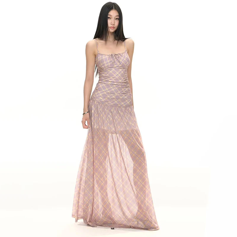 레트로 체크 무늬 캐미솔 미디 드레스 여성 여름 섹시 스파게티 스트랩 백리스 드레스 프랑스 우아한 슬림 파티 나이트 베스티도스 무헤르