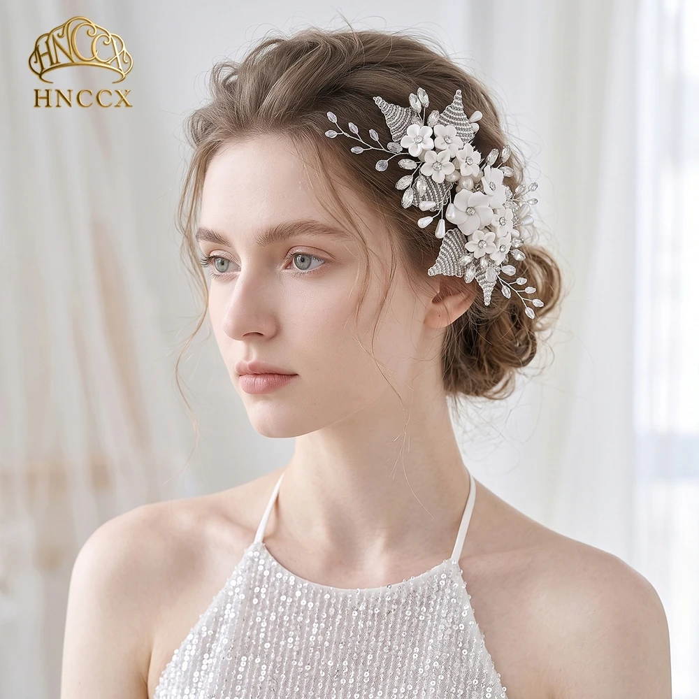 HNCCX Handmade Ceramic Flower Bridal Hair Comb Silver Color Crystal Beaded Leaf Side Hair Piece Wedding Hair Accessory HP338