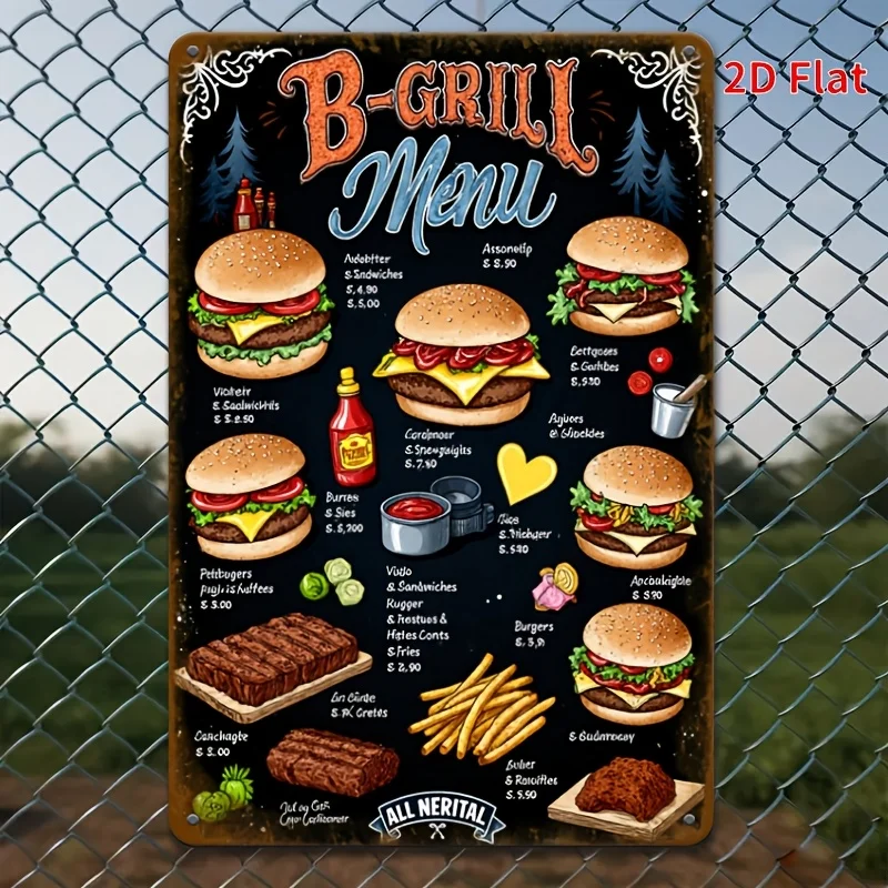 2D Flat, 1pc BBQ Grill Menu Metal Wall Art - Rustic Vintage Barbecue Sign with Hamburger,Home Decoration, Restaurant Decoration,