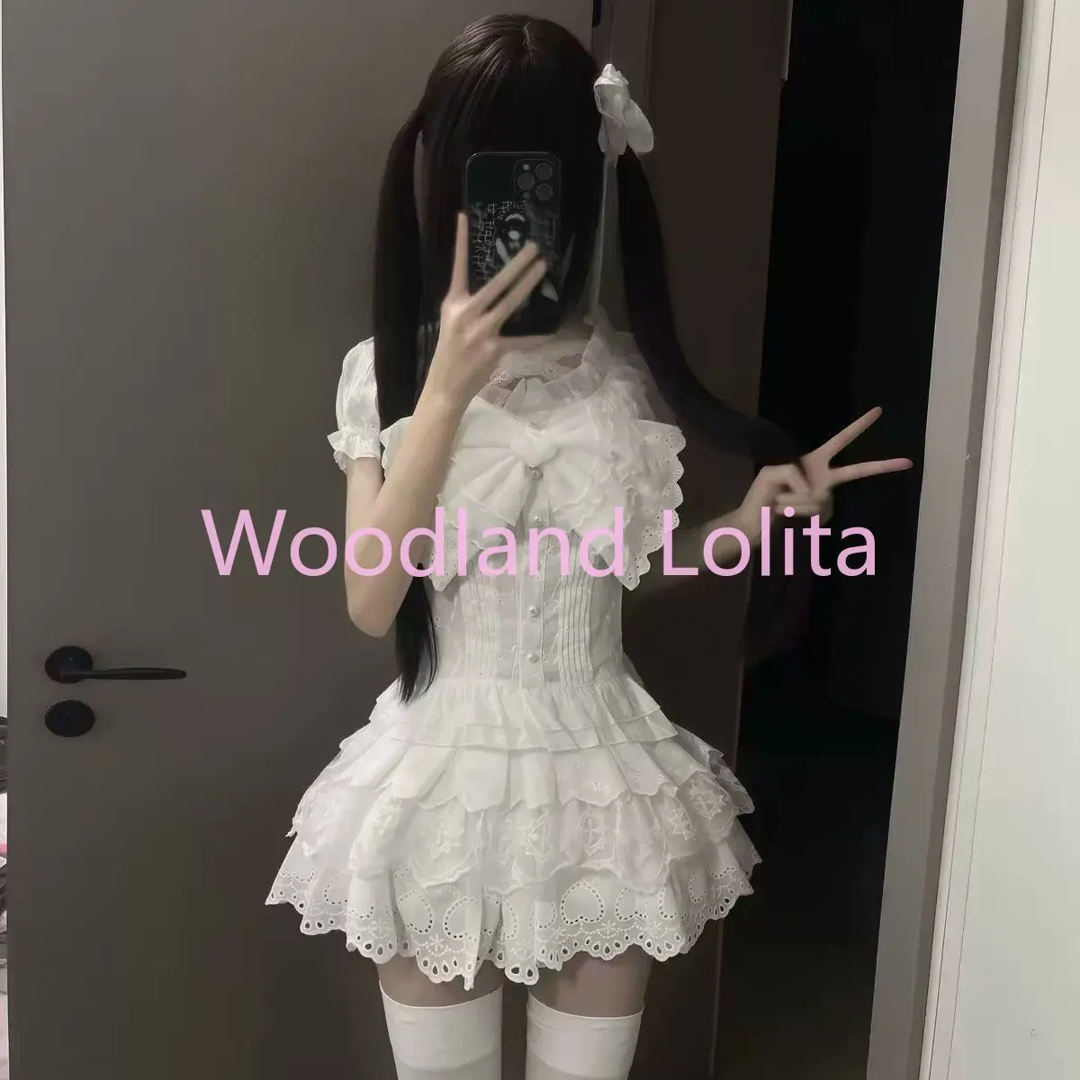 Summer Japanese Sweet Lolita 2 Piece Set Women Big Bow Puff Sleeve Shirt + Mini Lace Skirt Cute Y2K Subculture Set Casual Outfit