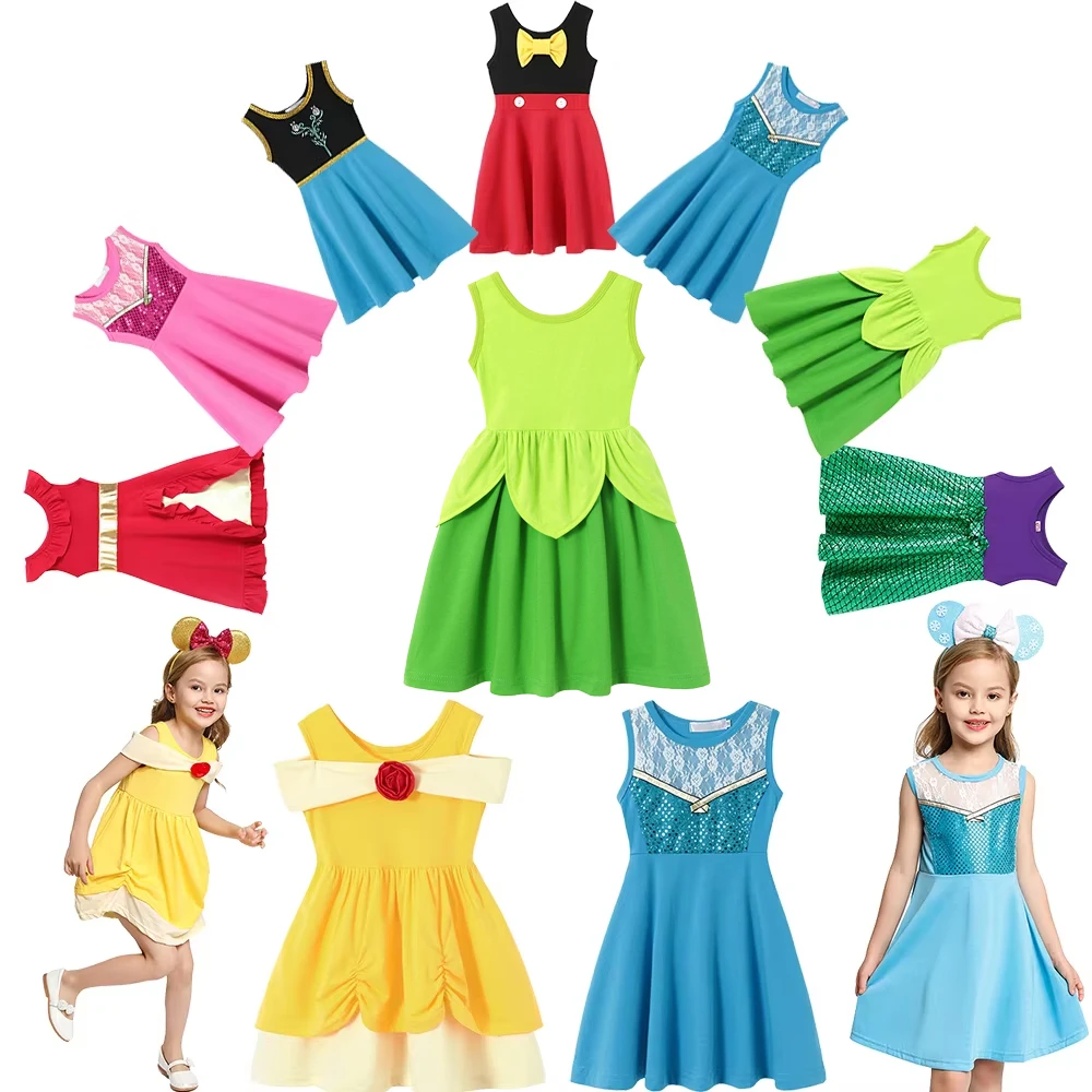 Vestido informal de verano para niños, ropa de princesa Elsa Anna, sirena, Vestido de Rapunzel, Blancanieves, Moana, vestido de verano para fiesta de cumpleaños