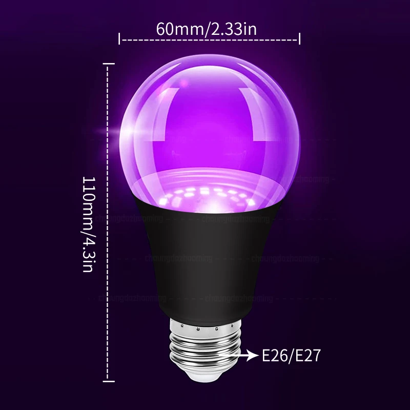 1-6 Pack A60(A19) LED UV Black Light Bulbs, 110-240V E26/E27 Base, for Halloween Christmas Decor, Glow Party, Fluorescent Poster