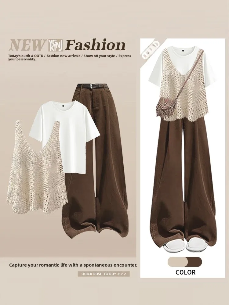 

Летний повседневный женский комплект: топ-жилет, брюки с высокой талией и широкими штанинами, комплект из трех предметов, однотонная футболка с эффектом похудения